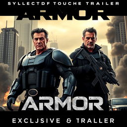 An epic promotional image for 'Armor - Exclusive Official Trailer (2024)' featuring Sylvester Stallone and Jason Patric ready for battle