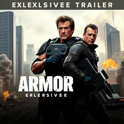 An epic promotional image for 'Armor - Exclusive Official Trailer (2024)' featuring Sylvester Stallone and Jason Patric ready for battle