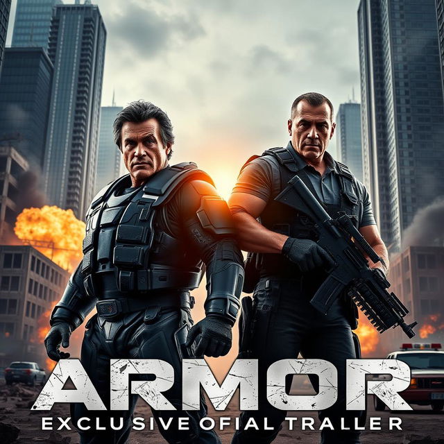 An epic promotional image for 'Armor - Exclusive Official Trailer (2024)' featuring Sylvester Stallone and Jason Patric ready for battle