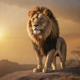 A majestic depiction of a lion, the 'King of the Jungle'. The lion stands regally atop a hill, overlooking its realm, radiating power and supremacy under the golden rays of the setting sun