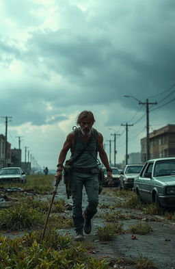 A post-apocalyptic landscape from a zombie-infested world, showcasing a deserted city street overgrown with weeds, and abandoned cars