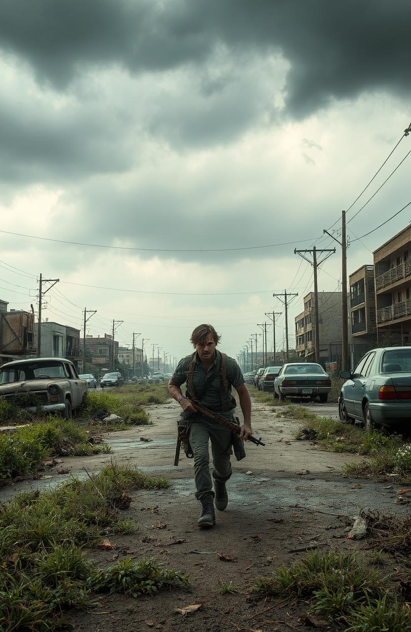 A post-apocalyptic landscape from a zombie-infested world, showcasing a deserted city street overgrown with weeds, and abandoned cars