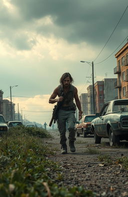 A post-apocalyptic landscape from a zombie-infested world, showcasing a deserted city street overgrown with weeds, and abandoned cars
