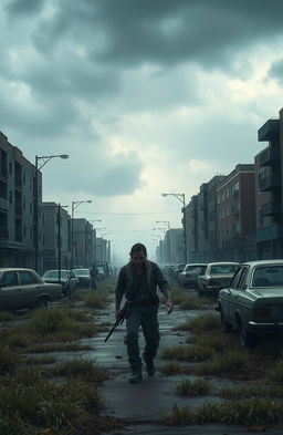 A post-apocalyptic landscape from a zombie-infested world, showcasing a deserted city street overgrown with weeds, and abandoned cars