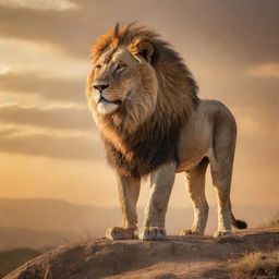 A majestic depiction of a lion, the 'King of the Jungle'. The lion stands regally atop a hill, overlooking its realm, radiating power and supremacy under the golden rays of the setting sun