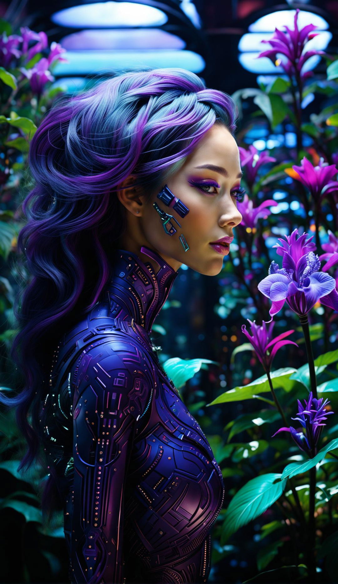 A classically beautiful techno-organic woman with vibrant violet hair and detailed turquoise eyes in a greenhouse filled with vibrant exotic plants under UV lights.