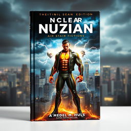 A gripping urban fiction book cover that showcases a city skyline illuminated by an ethereal glow of nuclear energy