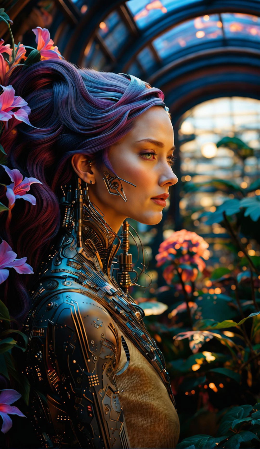 A classically beautiful techno-organic European woman with vibrant violet hair and detailed turquoise eyes in a greenhouse filled with vibrant exotic plants during golden hour.