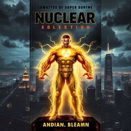 A gripping urban fiction book cover that showcases a city skyline illuminated by an ethereal glow of nuclear energy