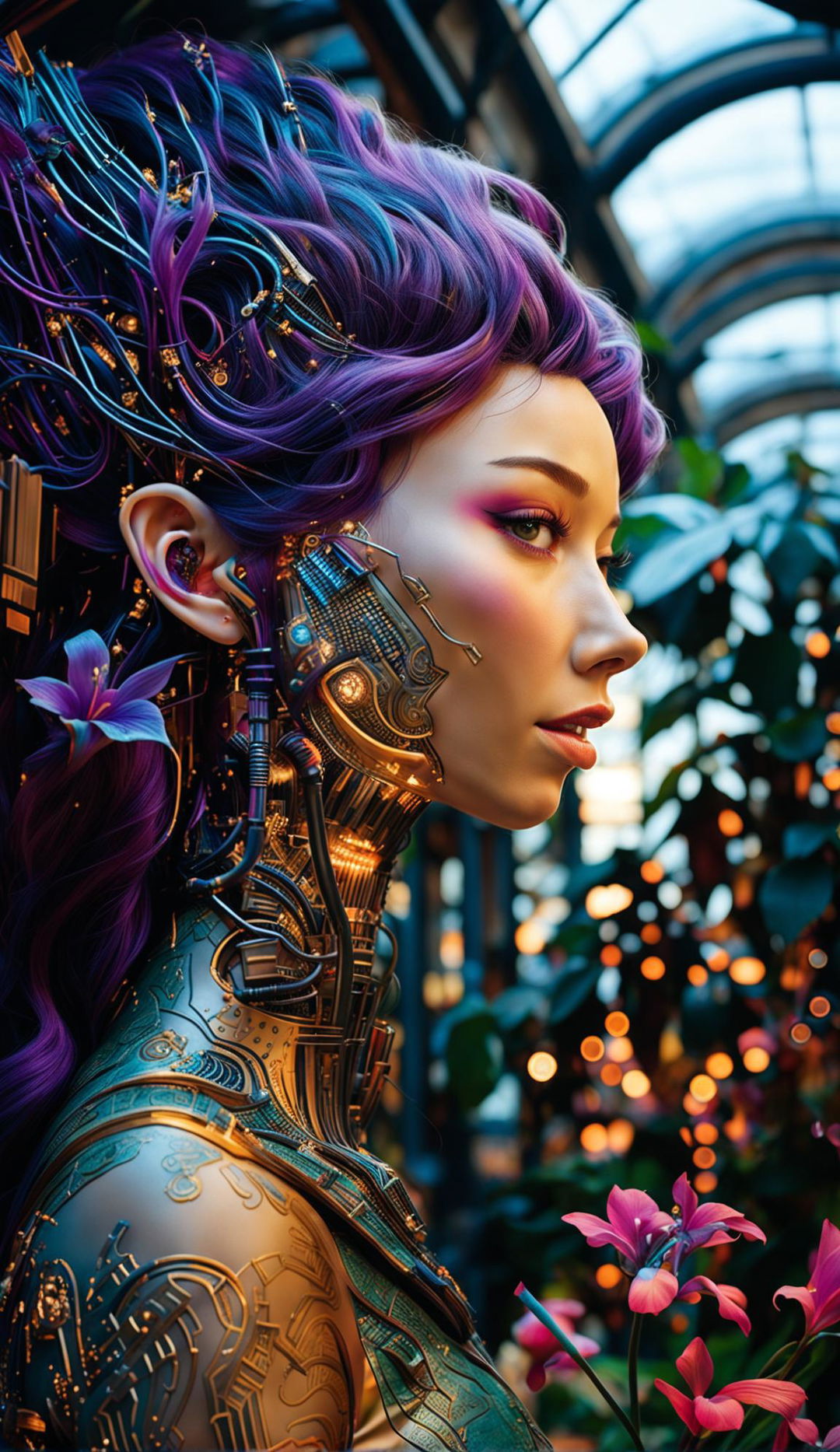 A classically beautiful techno-organic European woman with vibrant neon violet hair and detailed dark turquoise eyes in a greenhouse filled with vibrant exotic plants during golden hour.