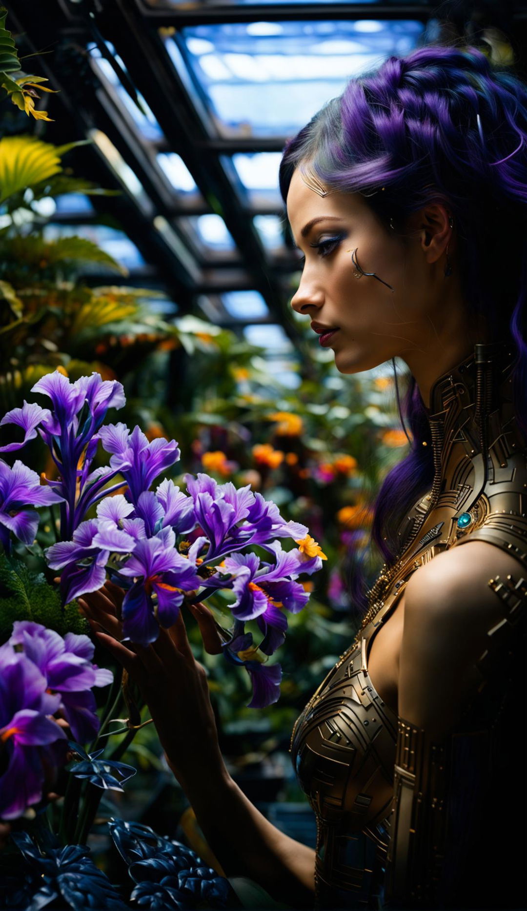 A classically beautiful techno-organic European woman with vibrant neon violet hair and detailed dark turquoise eyes looking at her vibrant exotic plants with contentment in a greenhouse during golden hour.