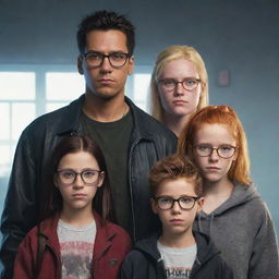 A cyberpunk realistic depiction of a family of five. Mother with dark hair, father with blonde hair sporting glasses, a twenty-year-old daughter with glasses and red hair, a fifteen-year-old son with dark hair, and an eight-year-old son with dark hair and freckles.