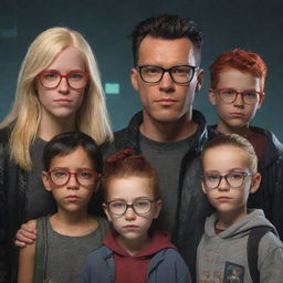 A cyberpunk realistic depiction of a family of five. Mother with dark hair, father with blonde hair sporting glasses, a twenty-year-old daughter with glasses and red hair, a fifteen-year-old son with dark hair, and an eight-year-old son with dark hair and freckles.