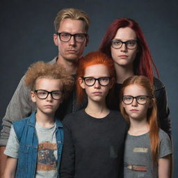 A cyberpunk realistic depiction of a family of five. Mother with dark hair, father with blonde hair sporting glasses, a twenty-year-old daughter with glasses and red hair, a fifteen-year-old son with dark hair, and an eight-year-old son with dark hair and freckles.