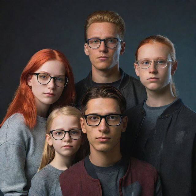 A cyberpunk realistic depiction of a family of five. Mother with dark hair, father with blonde hair sporting glasses, a twenty-year-old daughter with glasses and red hair, a fifteen-year-old son with dark hair, and an eight-year-old son with dark hair and freckles.