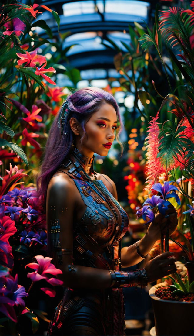 A beautiful techno-organic tanned woman with vibrant neon violet hair and detailed dark turquoise eyes looking at her vibrant exotic plants with a subtle smile in a greenhouse filled with vivid neon red and blue flowers and tropical plants during golden hour.