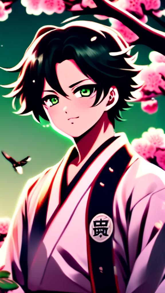 Anime-style profile picture featuring a determined Demon Slayer with emerald green eyes and black hair in traditional uniform against a night sky backdrop with cherry blossoms.