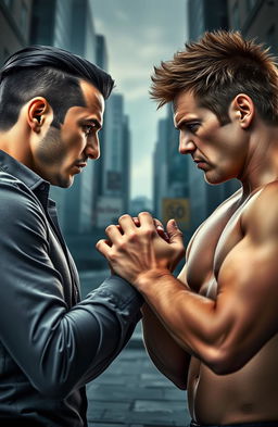 Two men facing each other with intense expressions, one has sleek black hair styled in the middle part and the other has spiky brown hair