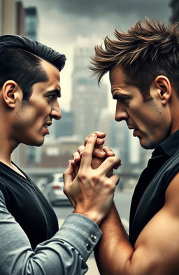 Two men facing each other with intense expressions, one has sleek black hair styled in the middle part and the other has spiky brown hair