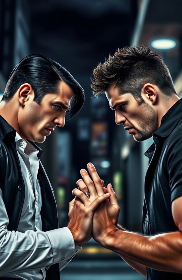 Two men facing each other with intense expressions, one has sleek black hair styled in the middle part and the other has spiky brown hair