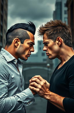 Two men facing each other with intense expressions, one has sleek black hair styled in the middle part and the other has spiky brown hair