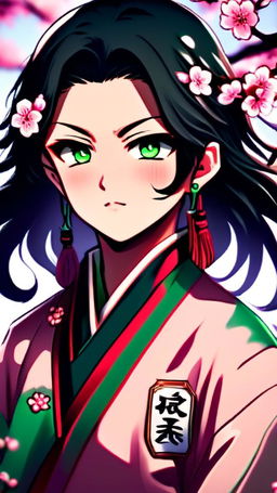 Anime-style profile picture featuring a determined Demon Slayer with emerald green eyes and black hair in traditional uniform against a night sky backdrop with cherry blossoms.