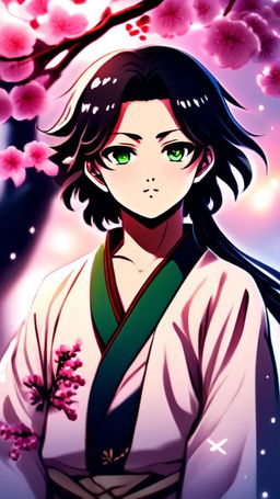 Anime-style profile picture featuring a determined Demon Slayer with emerald green eyes and black hair in traditional uniform against a night sky backdrop with cherry blossoms.