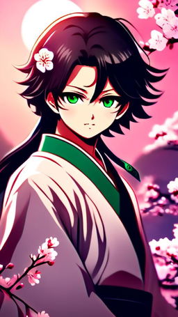 Anime-style profile picture featuring a determined Demon Slayer with emerald green eyes and black hair in traditional uniform against a night sky backdrop with cherry blossoms.