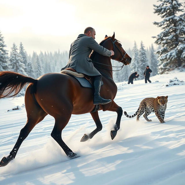 A powerful scene depicting Vladimir Putin riding a majestic horse through a snowy landscape, intently hunting a leopard