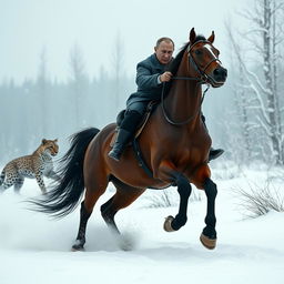 A powerful scene depicting Vladimir Putin riding a majestic horse through a snowy landscape, intently hunting a leopard