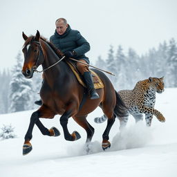 A powerful scene depicting Vladimir Putin riding a majestic horse through a snowy landscape, intently hunting a leopard