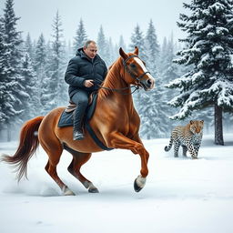 A powerful scene depicting Vladimir Putin riding a majestic horse through a snowy landscape, intently hunting a leopard