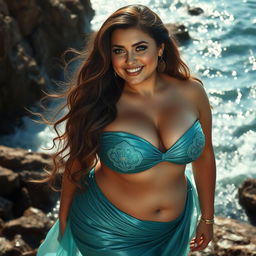 A voluptuous beauty portrayed as a curvy siren, featuring long flowing hair, an alluring smile, and captivating eyes that reflect the sea