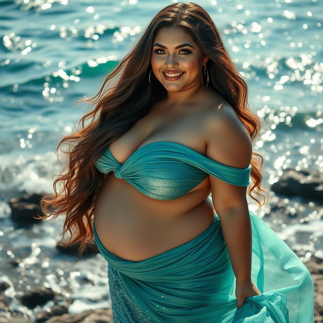 A voluptuous beauty portrayed as a curvy siren, featuring long flowing hair, an alluring smile, and captivating eyes that reflect the sea