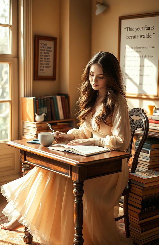 A beautiful female writer sitting at a vintage wooden desk surrounded by books, elegantly dressed in a flowing, soft pastel dress