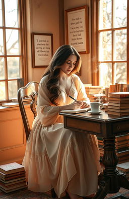 A beautiful female writer sitting at a vintage wooden desk surrounded by books, elegantly dressed in a flowing, soft pastel dress