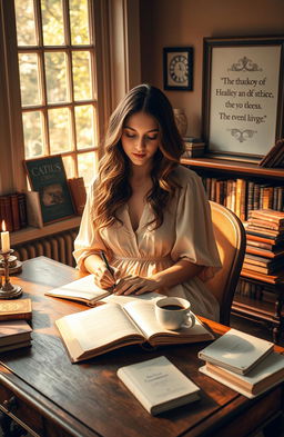 A beautiful female writer sitting at a vintage wooden desk surrounded by books, elegantly dressed in a flowing, soft pastel dress