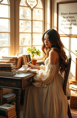 A beautiful female writer sitting at a vintage wooden desk surrounded by books, elegantly dressed in a flowing, soft pastel dress