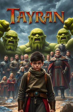 An epic fantasy book cover depicting a young man named Tayran, a representative of ordinary humans, standing determinedly in the foreground