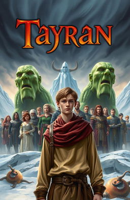 An epic fantasy book cover depicting a young man named Tayran, a representative of ordinary humans, standing determinedly in the foreground
