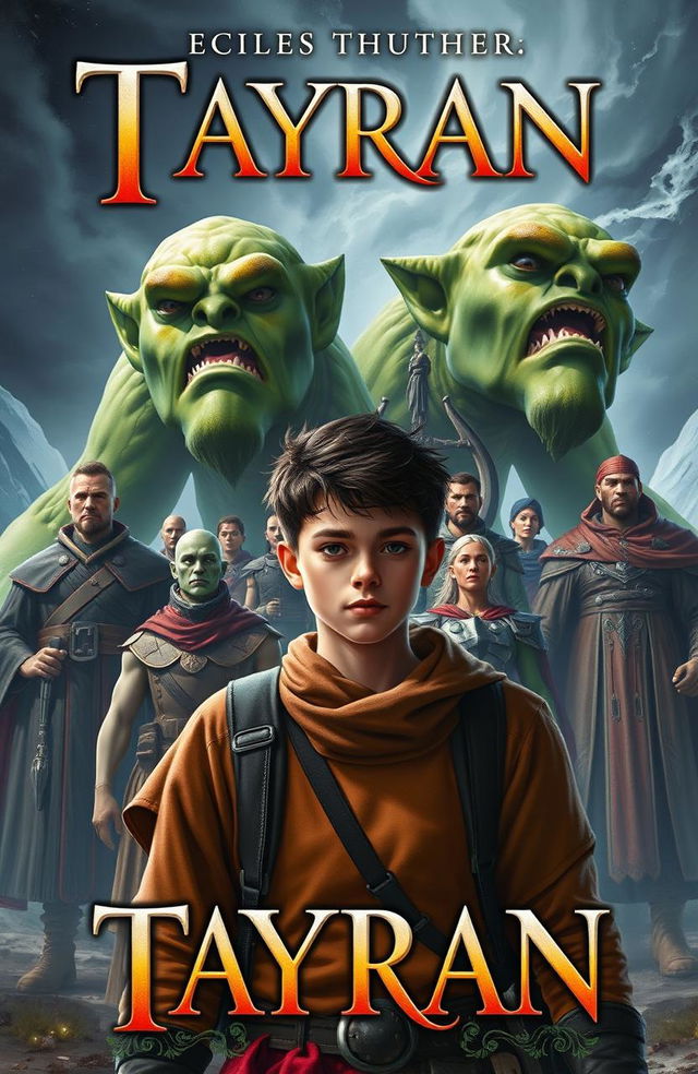 An epic fantasy book cover depicting a young man named Tayran, a representative of ordinary humans, standing determinedly in the foreground