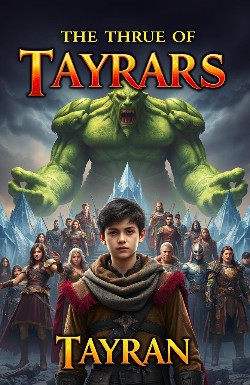 An epic fantasy book cover depicting a young man named Tayran, a representative of ordinary humans, standing determinedly in the foreground