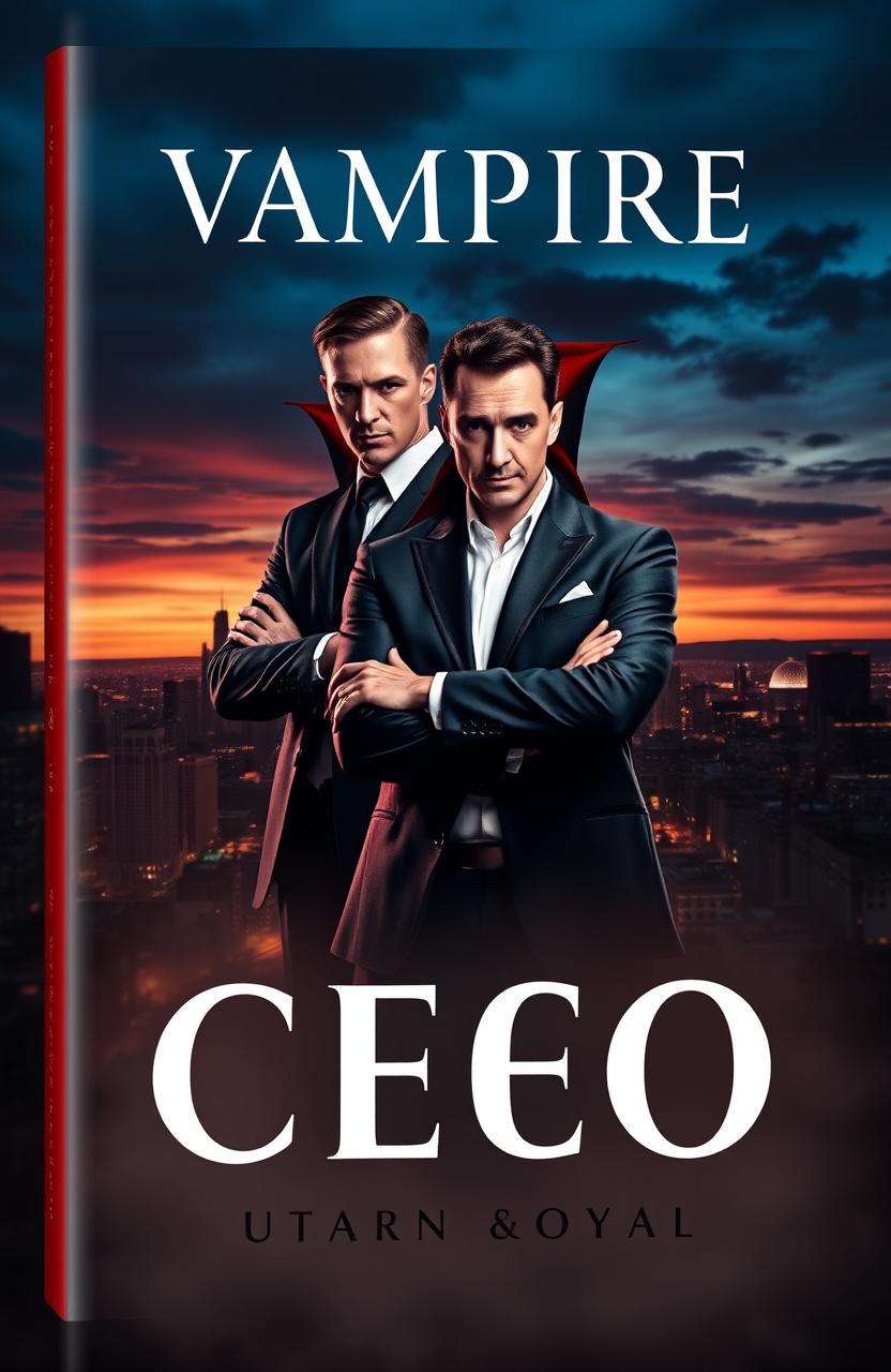 A captivating book cover design featuring a charismatic CEO and a mysterious vampire