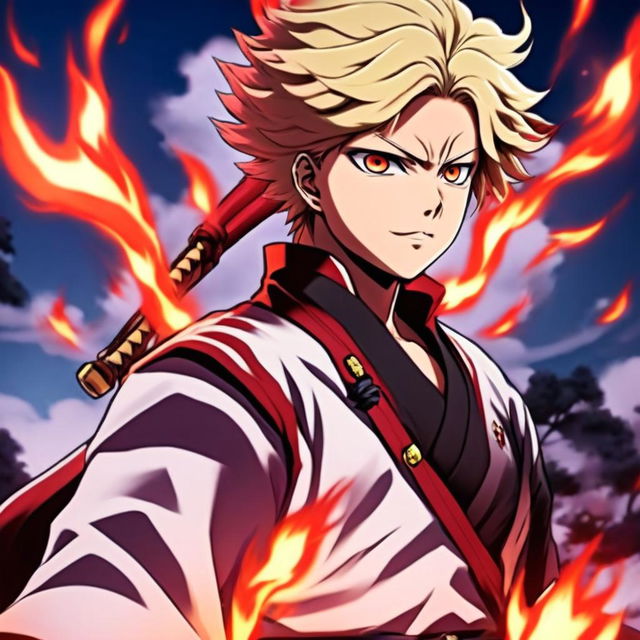 Anime profile picture featuring Rengoku Kyojuro from Demon Slayer in his Hashira uniform with a fiery-themed background.