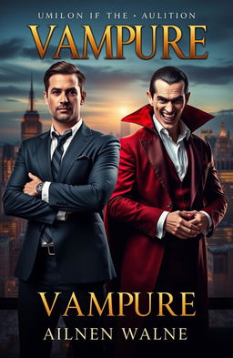 A captivating book cover design featuring a charismatic CEO and a mysterious vampire