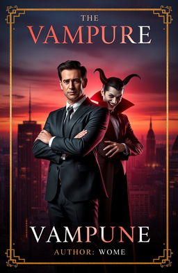 A captivating book cover design featuring a charismatic CEO and a mysterious vampire