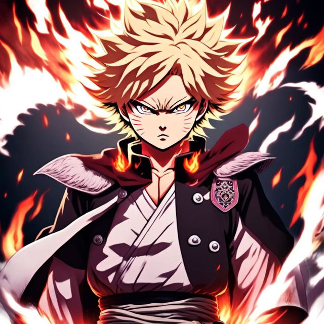 Anime profile picture of Rengoku Kyojuro from Demon Slayer in his Hashira uniform, surrounded by an intense blaze.