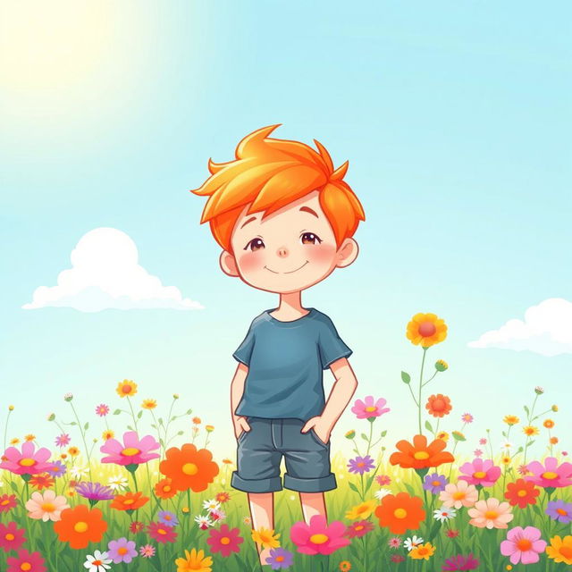 A whimsical illustration of a boy with bright orange hair, standing in a sunlit meadow filled with vibrant wildflowers