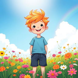 A whimsical illustration of a boy with bright orange hair, standing in a sunlit meadow filled with vibrant wildflowers