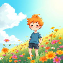 A whimsical illustration of a boy with bright orange hair, standing in a sunlit meadow filled with vibrant wildflowers